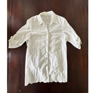 Susan Graver XL White Eyelet Button Front Tunic Blouse Scalloped Hem Cotton